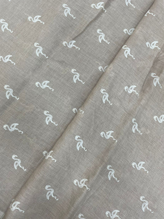 Amazing Unique Swan White Thread Embroidery All Over Vibrant Colored Linen Fabric