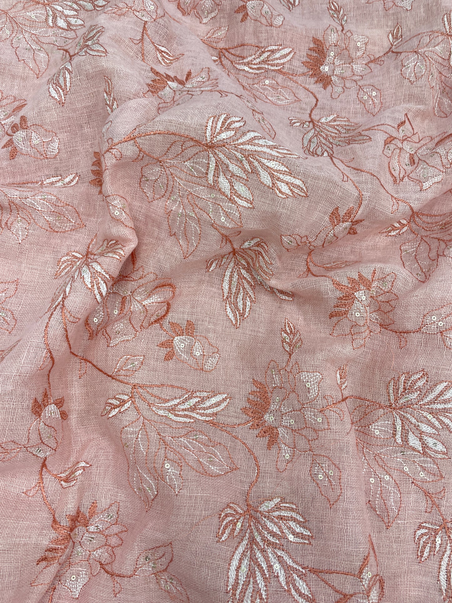 Pleasing Fantastic Floral Thread Embroidery With Dainty Sequin Work On Linen Fabric