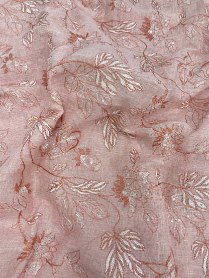 Pleasing Fantastic Floral Thread Embroidery With Dainty Sequin Work On Linen Fabric