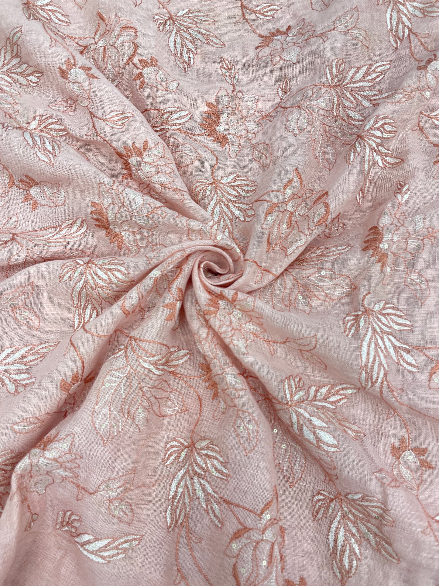 Pleasing Fantastic Floral Thread Embroidery With Dainty Sequin Work On Linen Fabric