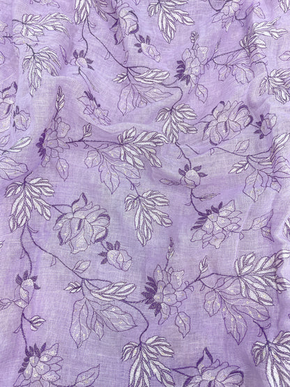 Pleasing Fantastic Floral Thread Embroidery With Dainty Sequin Work On Linen Fabric