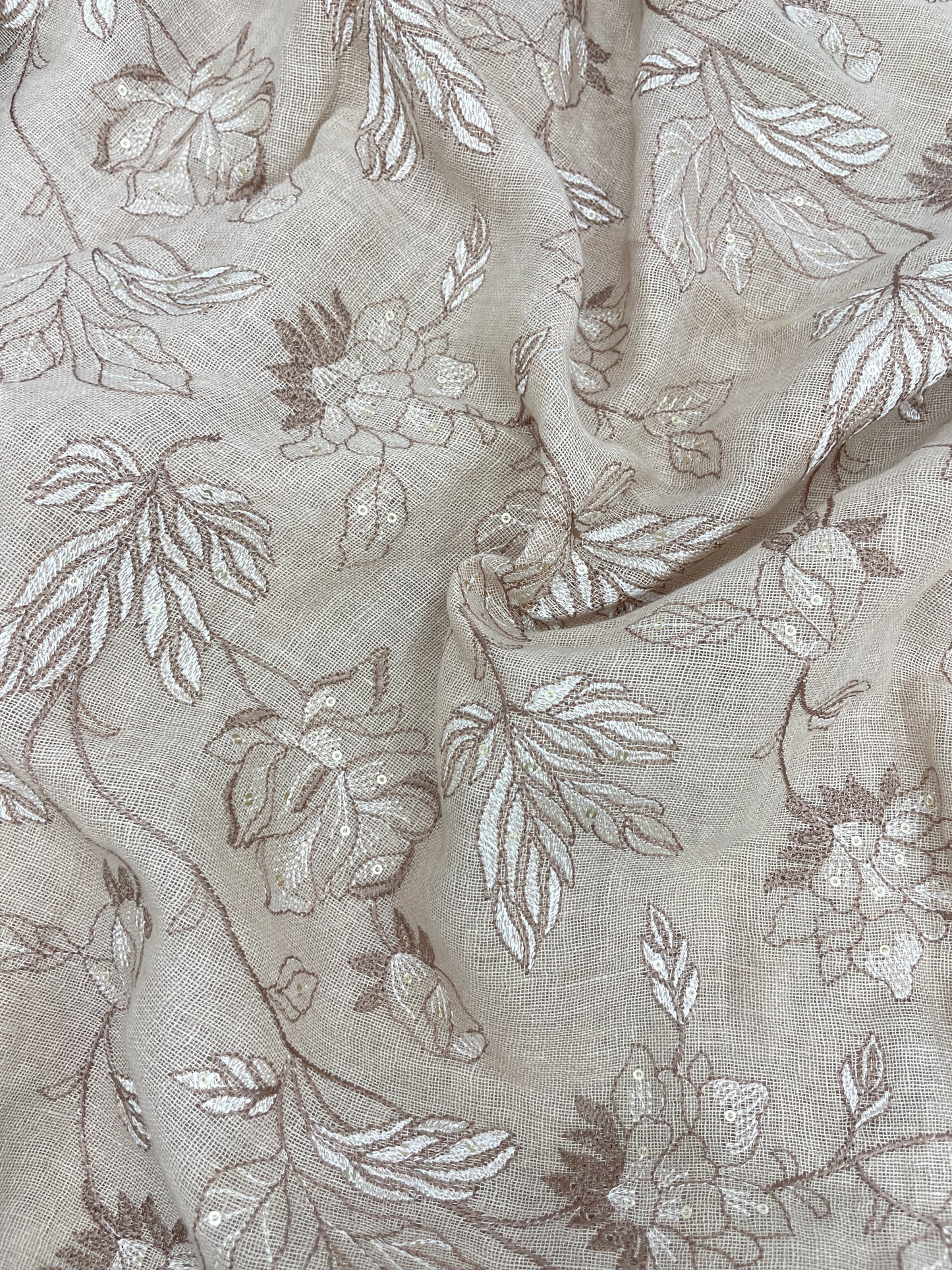 Pleasing Fantastic Floral Thread Embroidery With Dainty Sequin Work On Linen Fabric