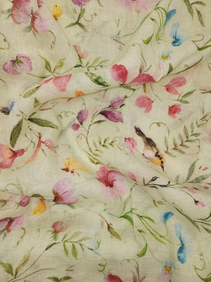 Elegant Stunning Multicolor Floral And Leaf Print On Linen Fabric