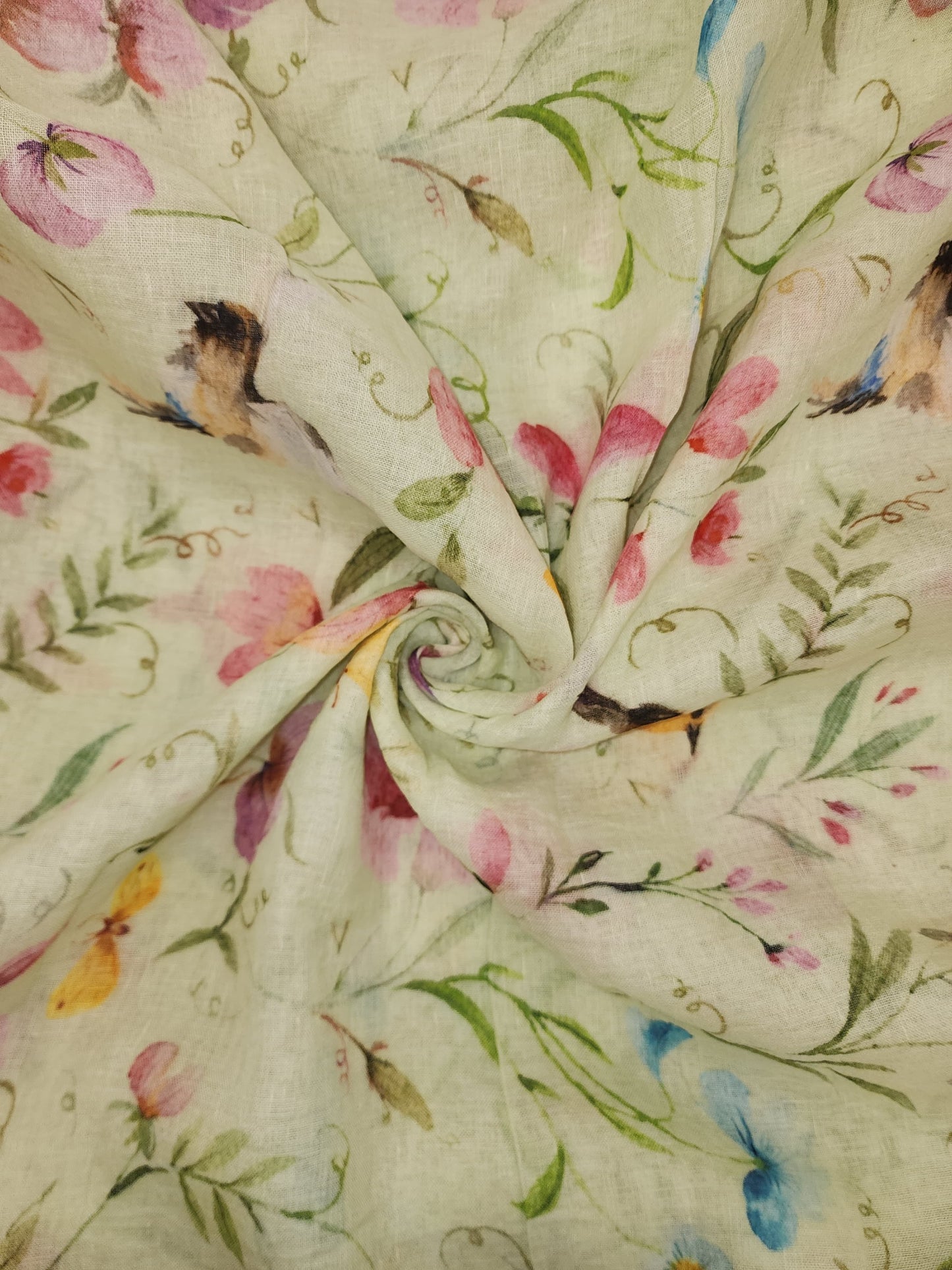 Elegant Stunning Multicolor Floral And Leaf Print On Linen Fabric