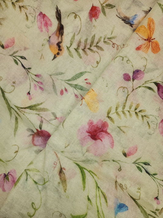 Elegant Stunning Multicolor Floral And Leaf Print On Linen Fabric