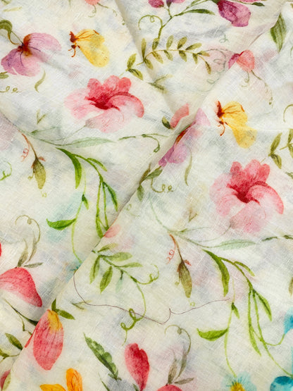 Elegant Stunning Multicolor Floral And Leaf Print On Linen Fabric