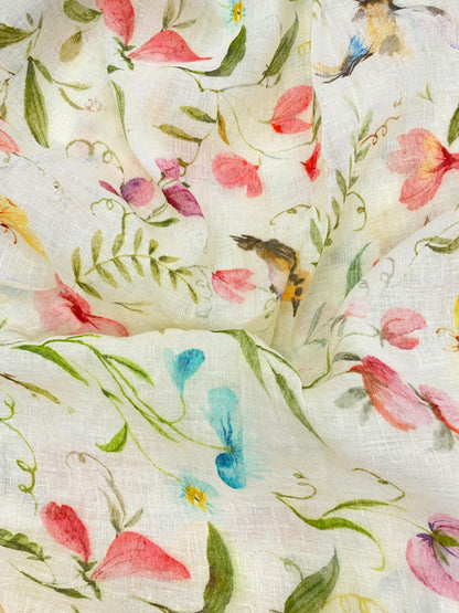 Elegant Stunning Multicolor Floral And Leaf Print On Linen Fabric