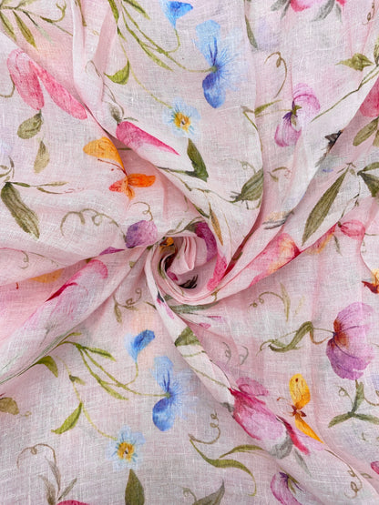 Elegant Stunning Multicolor Floral And Leaf Print On Linen Fabric