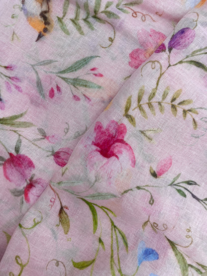 Elegant Stunning Multicolor Floral And Leaf Print On Linen Fabric