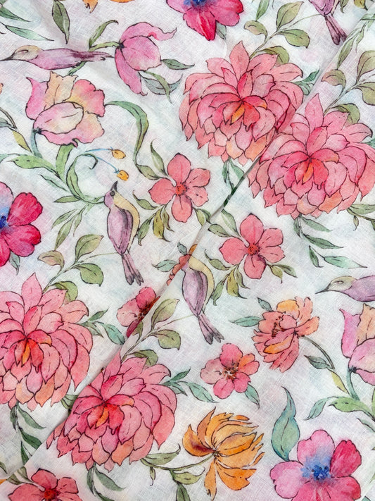 Amazing Beautiful Big Flower Print On Linen Fabric