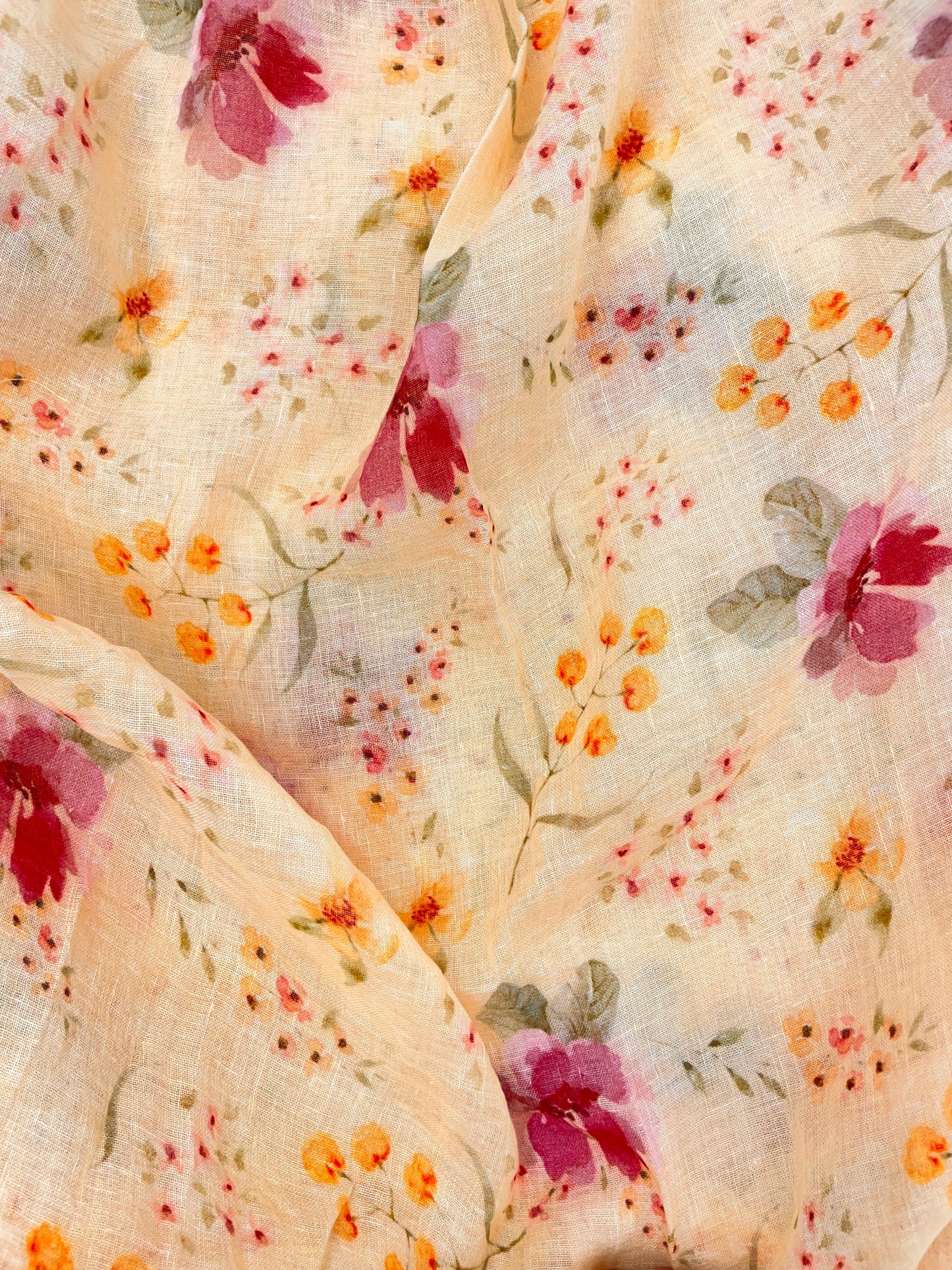 Lovely Beautiful Dainty Pink And Yellow Flowers On Linen Print