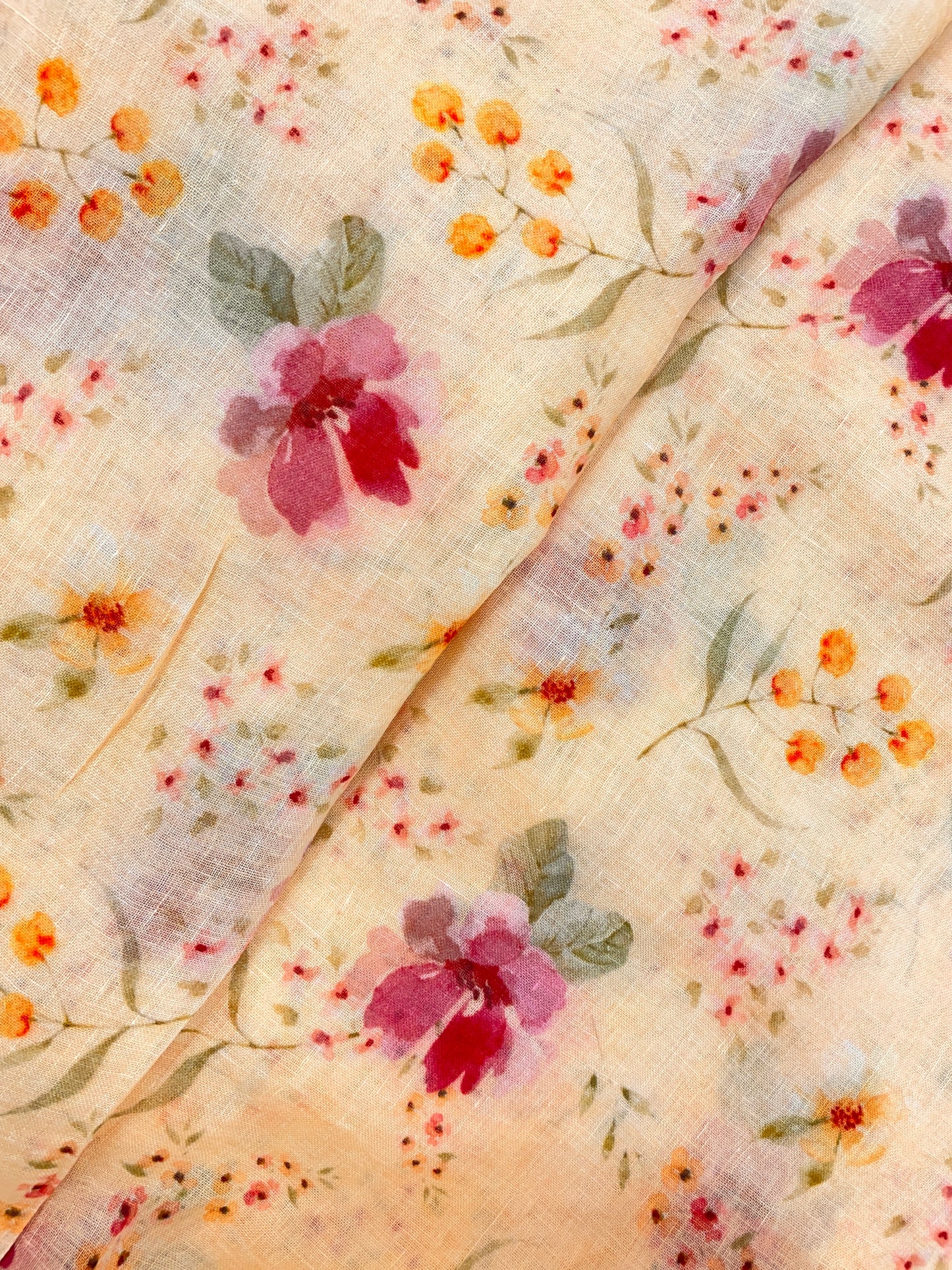 Lovely Beautiful Dainty Pink And Yellow Flowers On Linen Print