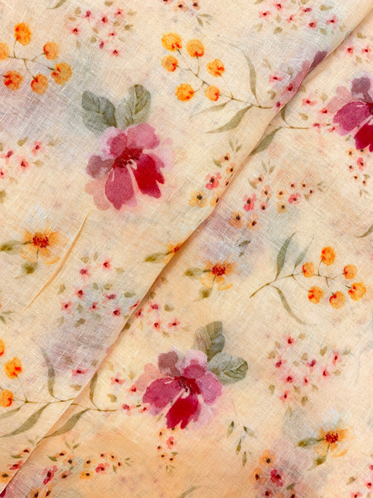 Lovely Beautiful Dainty Pink And Yellow Flowers On Linen Print