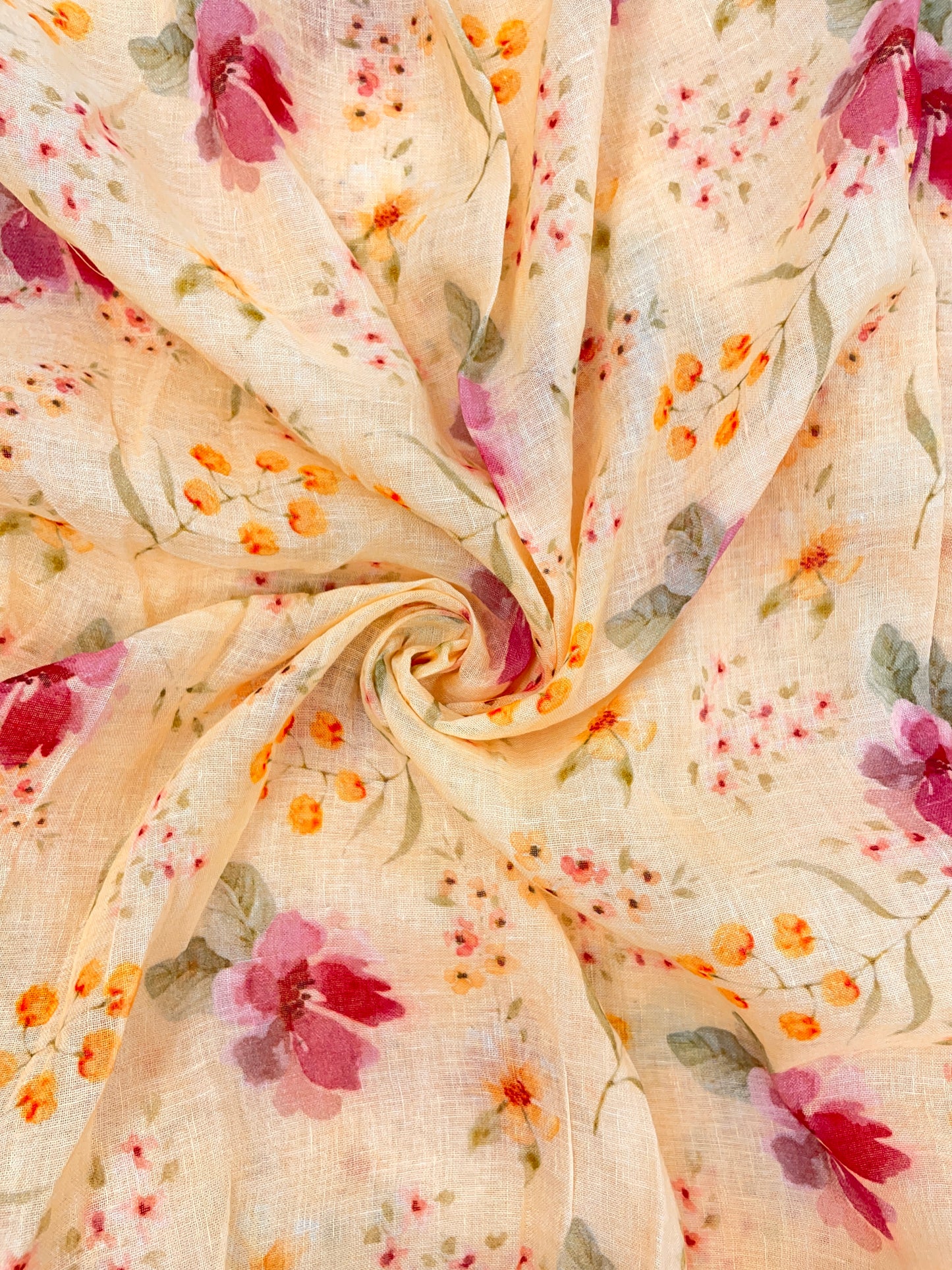 Lovely Beautiful Dainty Pink And Yellow Flowers On Linen Print