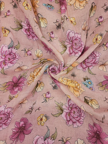 Charming Gorgeous Pink And Yellow Flowers On Linen Fabric