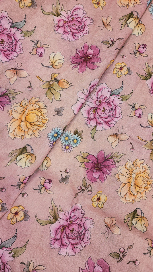 Charming Gorgeous Pink And Yellow Flowers On Linen Fabric