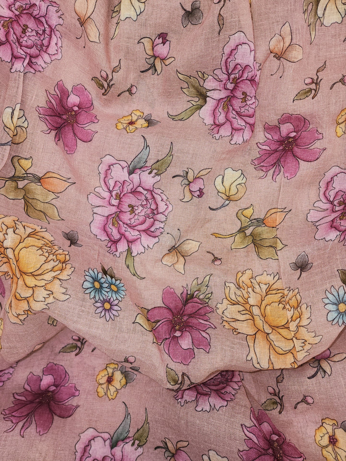 Charming Gorgeous Pink And Yellow Flowers On Linen Fabric