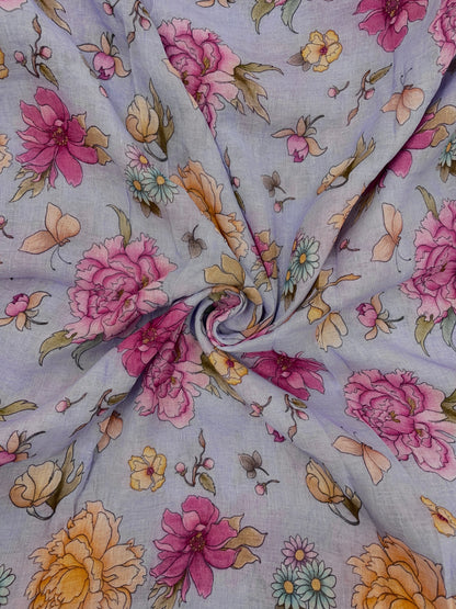 Charming Gorgeous Pink And Yellow Flowers On Linen Fabric