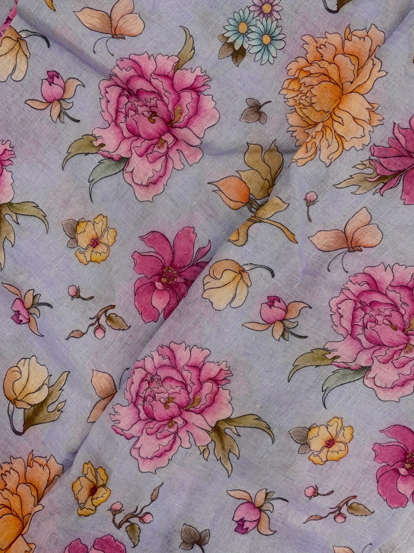 Charming Gorgeous Pink And Yellow Flowers On Linen Fabric