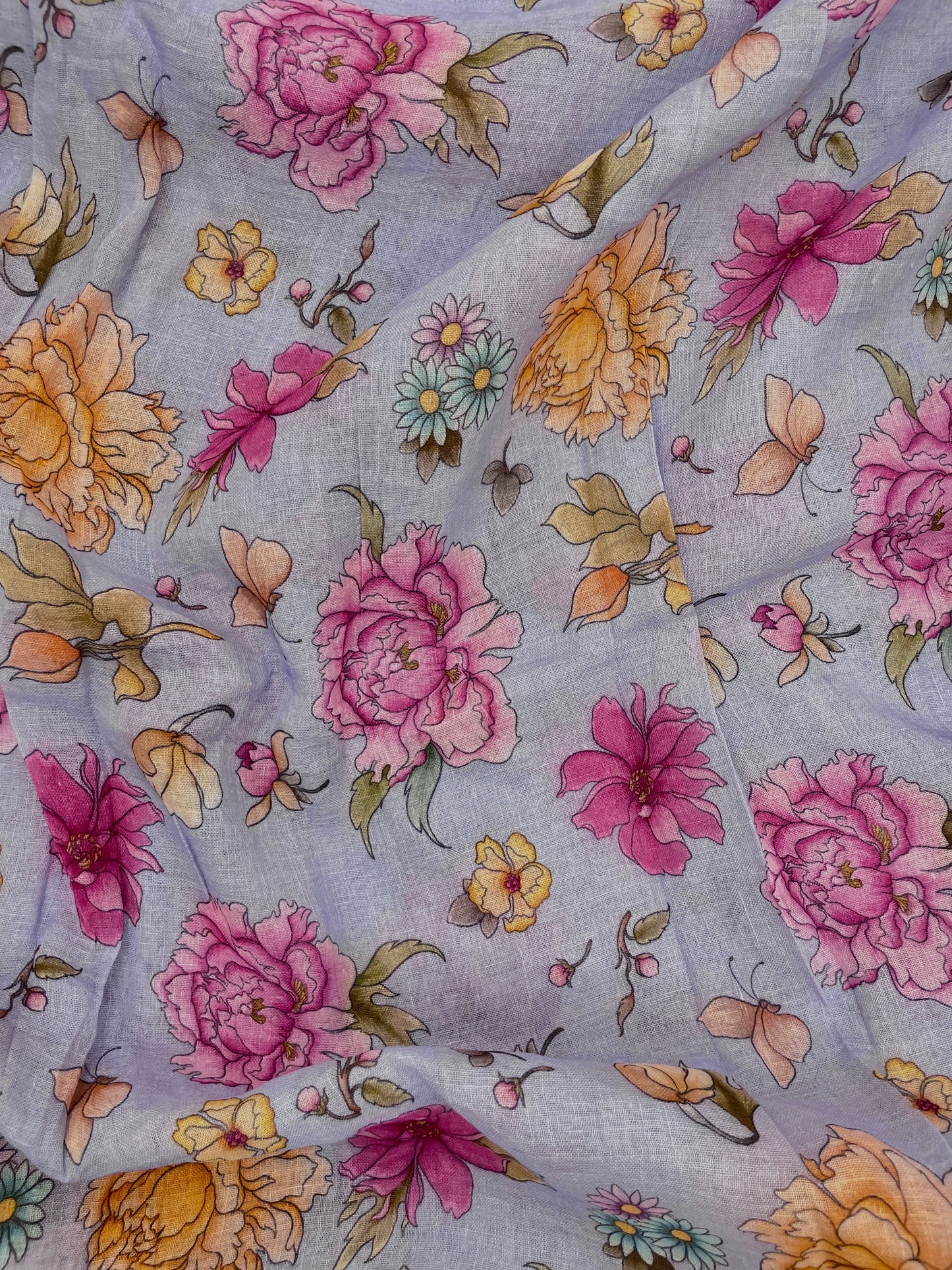 Charming Gorgeous Pink And Yellow Flowers On Linen Fabric