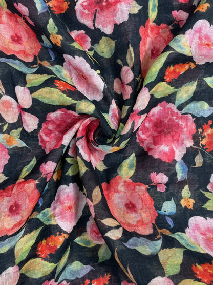 Magnificent Marvelous Big Pink Floral Print On Linen Fabric