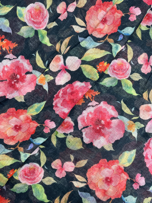 Magnificent Marvelous Big Pink Floral Print On Linen Fabric