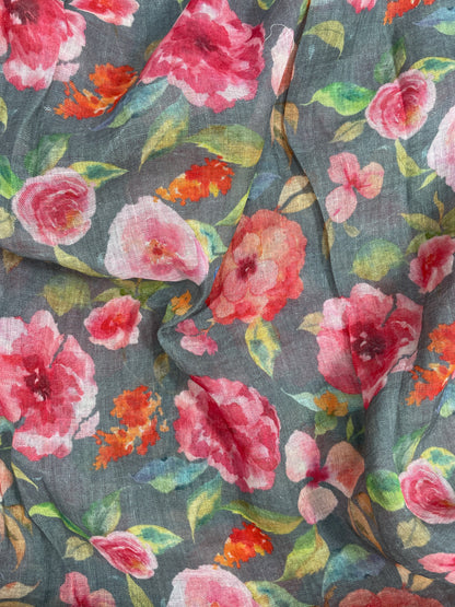 Magnificent Marvelous Big Pink Floral Print On Linen Fabric