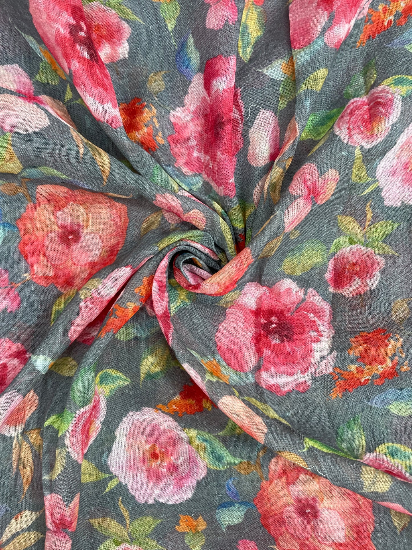 Magnificent Marvelous Big Pink Floral Print On Linen Fabric