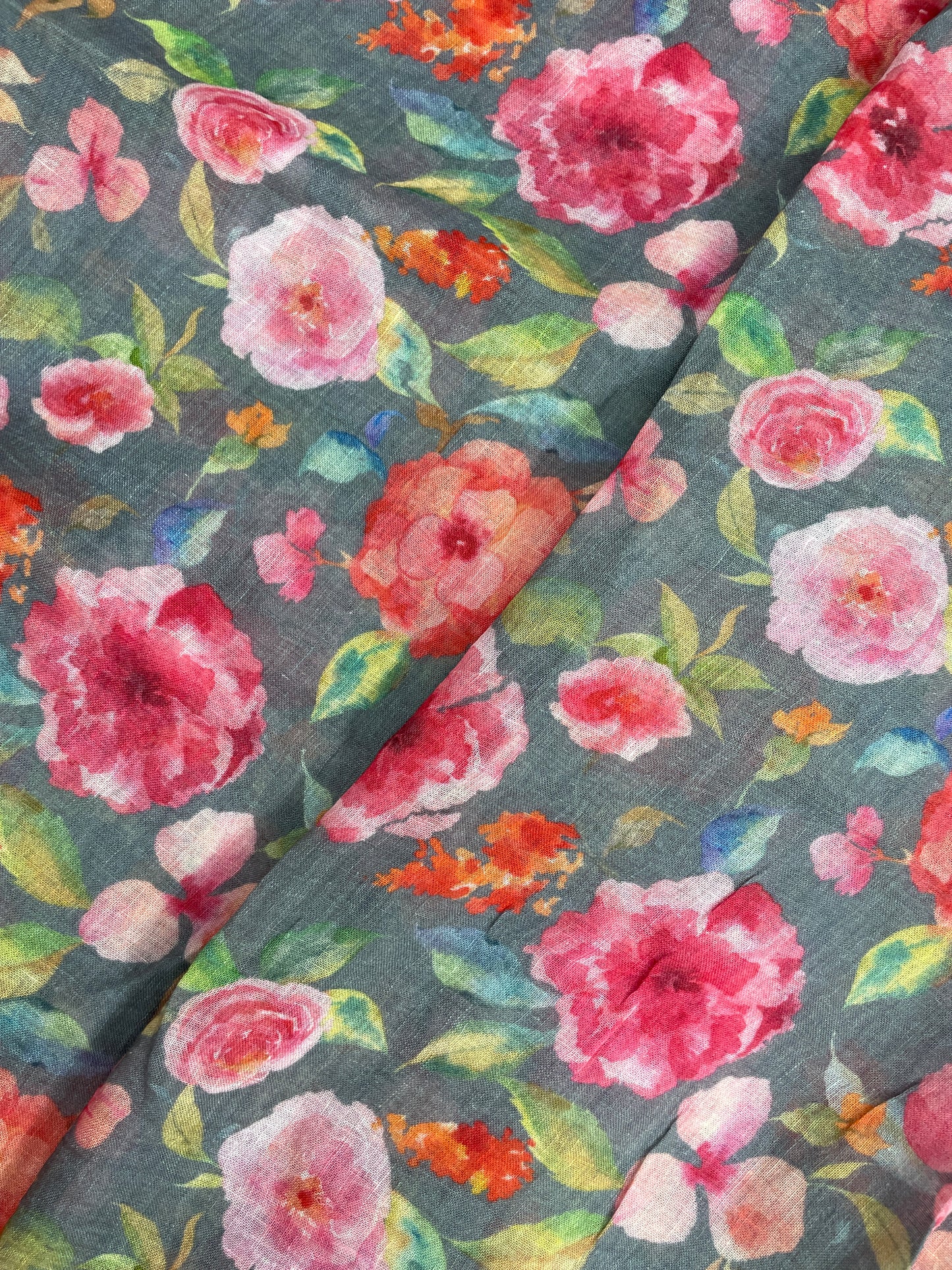 Magnificent Marvelous Big Pink Floral Print On Linen Fabric