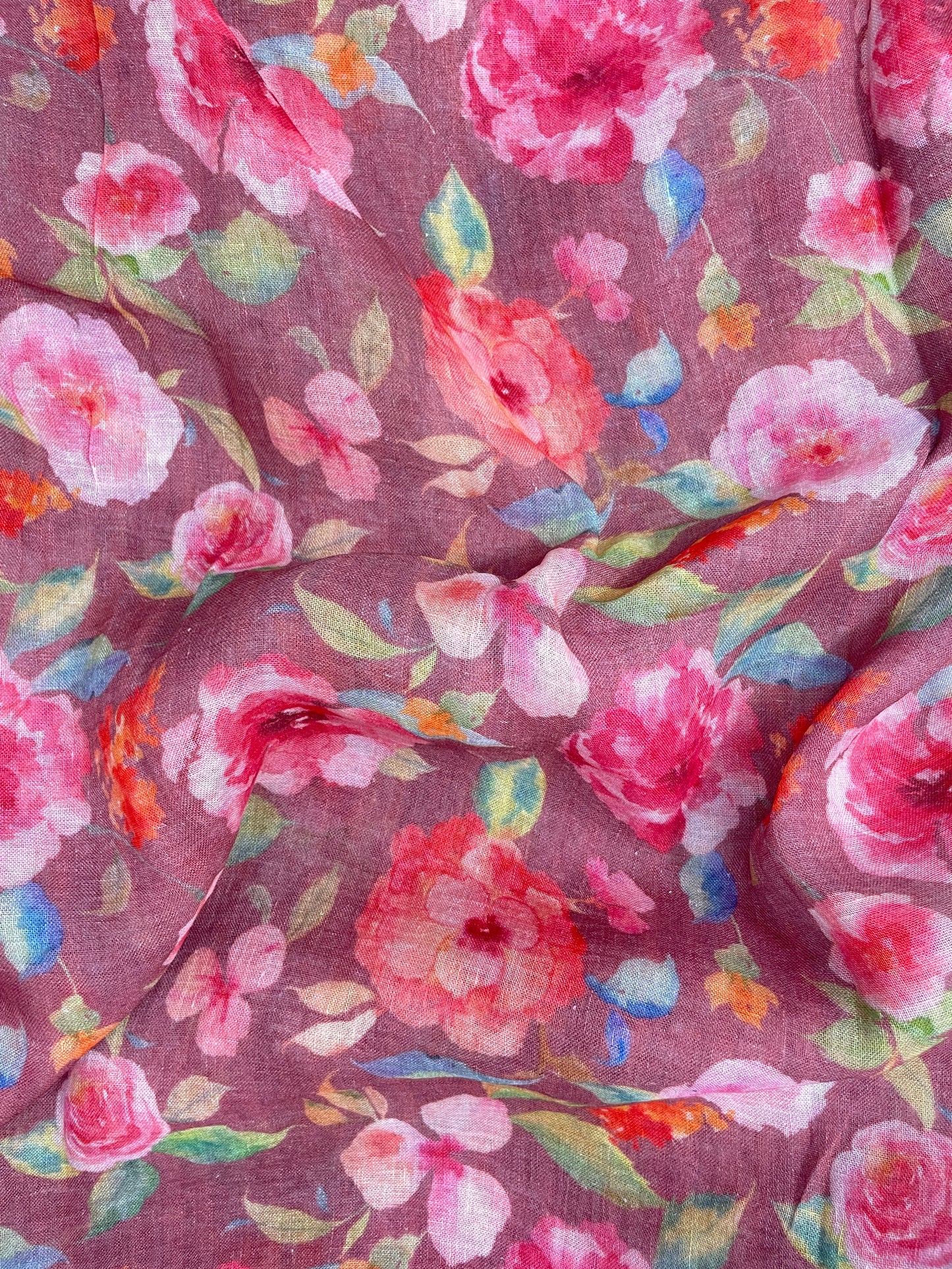 Magnificent Marvelous Big Pink Floral Print On Linen Fabric