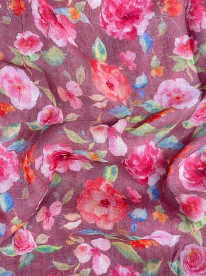 Magnificent Marvelous Big Pink Floral Print On Linen Fabric