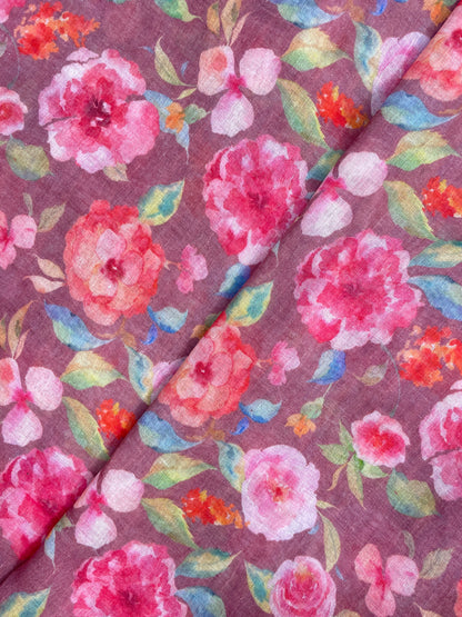 Magnificent Marvelous Big Pink Floral Print On Linen Fabric