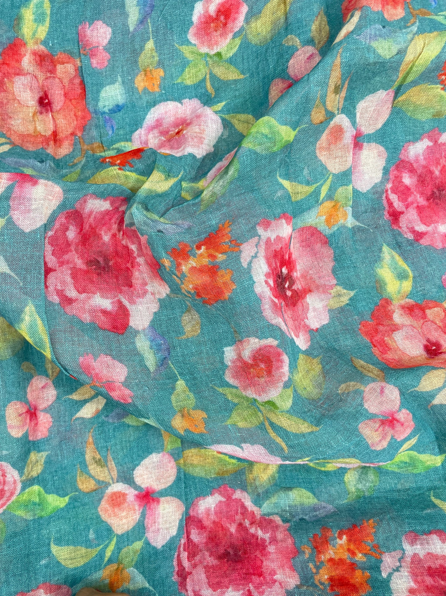 Magnificent Marvelous Big Pink Floral Print On Linen Fabric