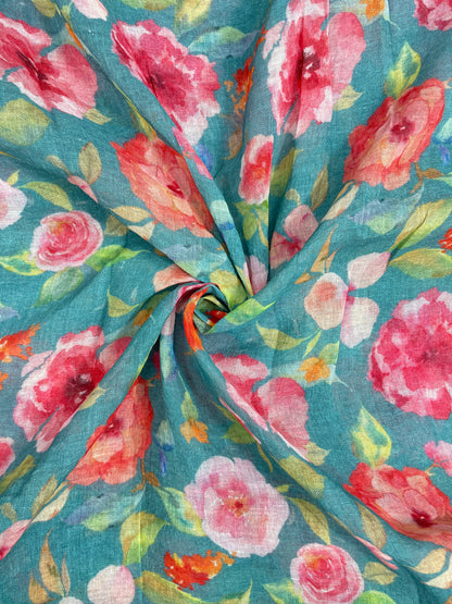 Magnificent Marvelous Big Pink Floral Print On Linen Fabric