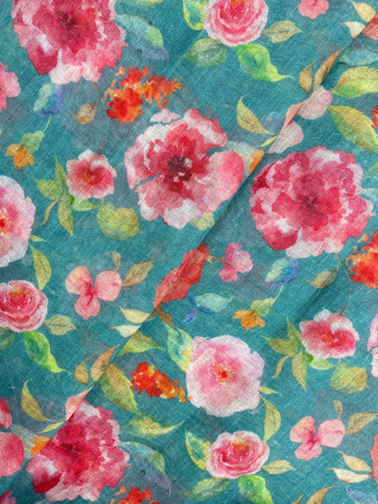 Magnificent Marvelous Big Pink Floral Print On Linen Fabric