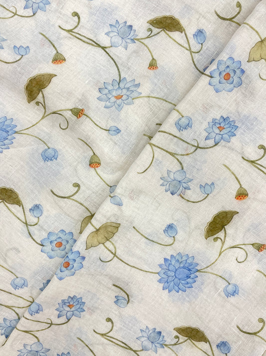 Pretty Beautiful Blue Color Flower Print On Linen Fabric