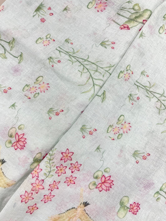 Pretty Eye Catching Leaf And Lotus Flower Print On Linen Fabric