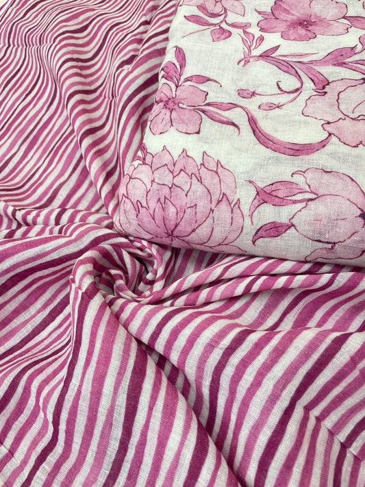 Beautiful Amazing Pink Flower Print And Pink Stripe Print On Linen Fabric