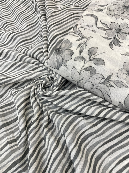 Adorable Exquisite Grey Flower Print And Stripe Print On Linen Fabric