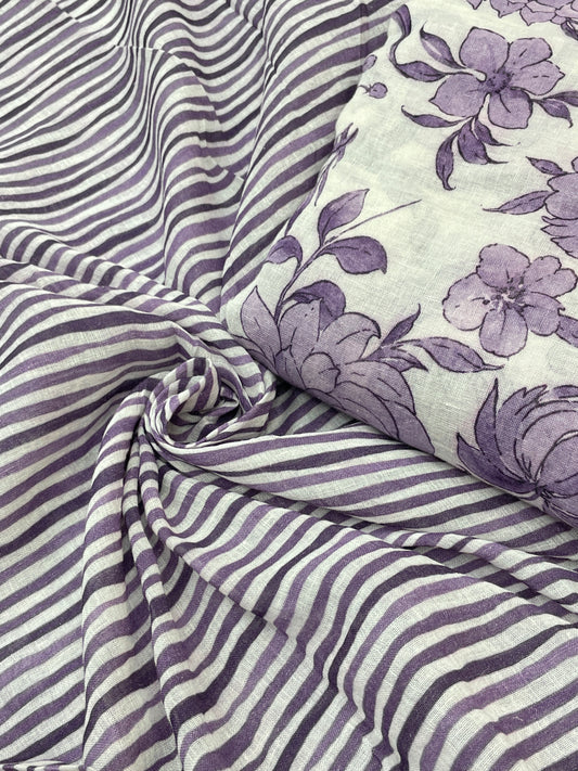 Gorgeous Eye Catching Purple Flower Print And Stripe Print On Linen Fabric