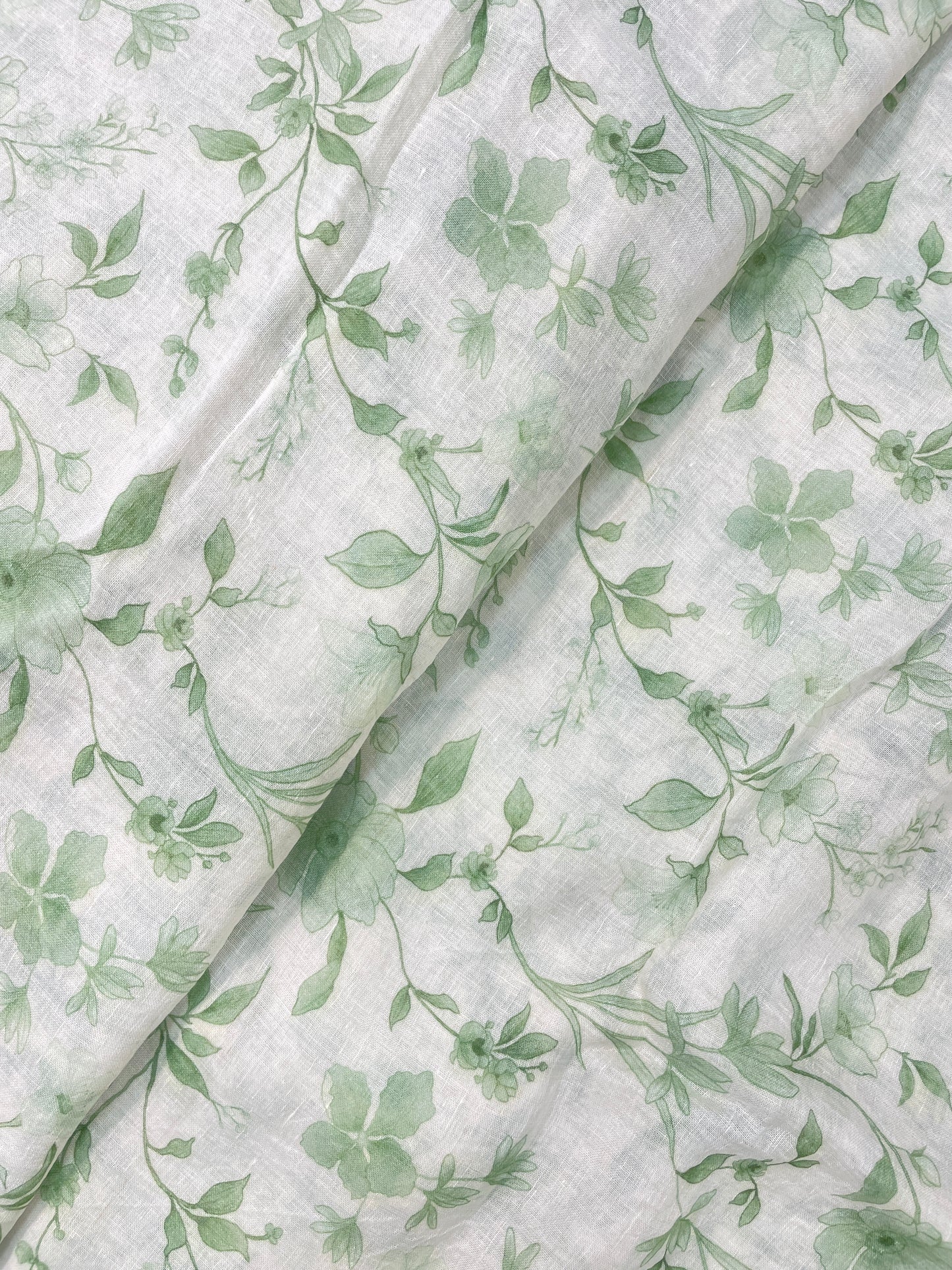 Superb Delicate Green Leafy And Floral Print On Linen Fabric