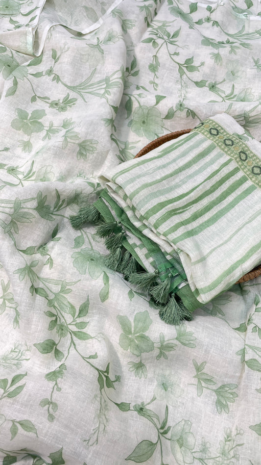 Superb Delicate Green Leafy And Floral Print On Linen Fabric