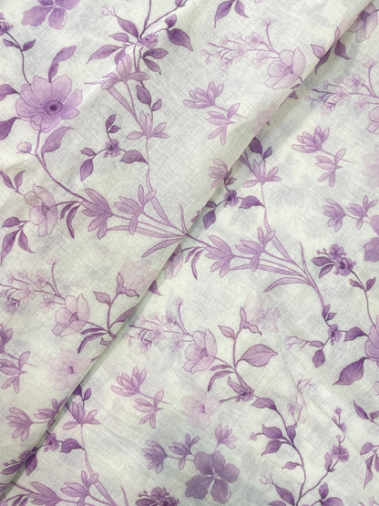 Pretty Pastel Purple Floral Print On Linen Fabric