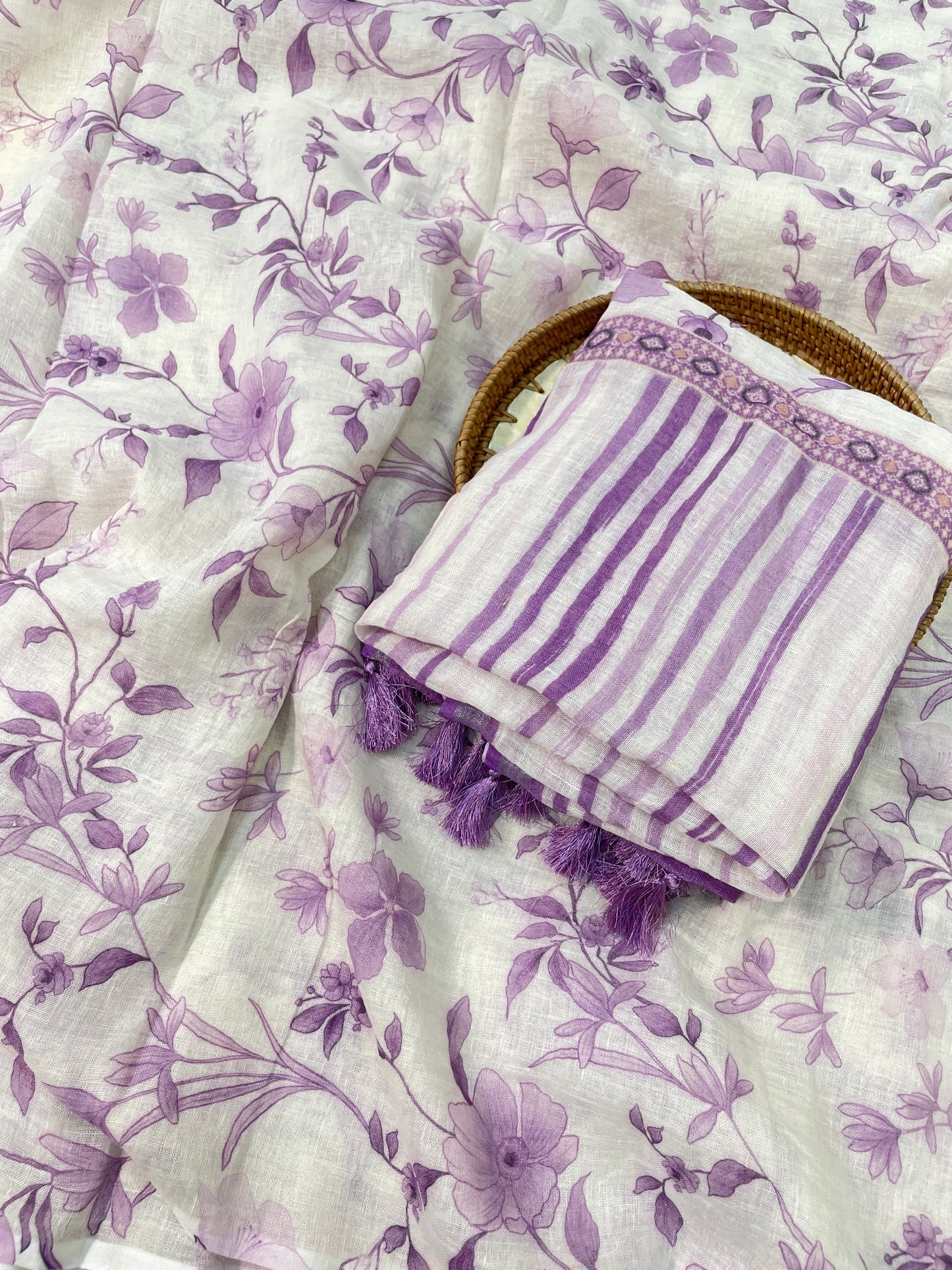 Pretty Pastel Purple Floral Print On Linen Fabric