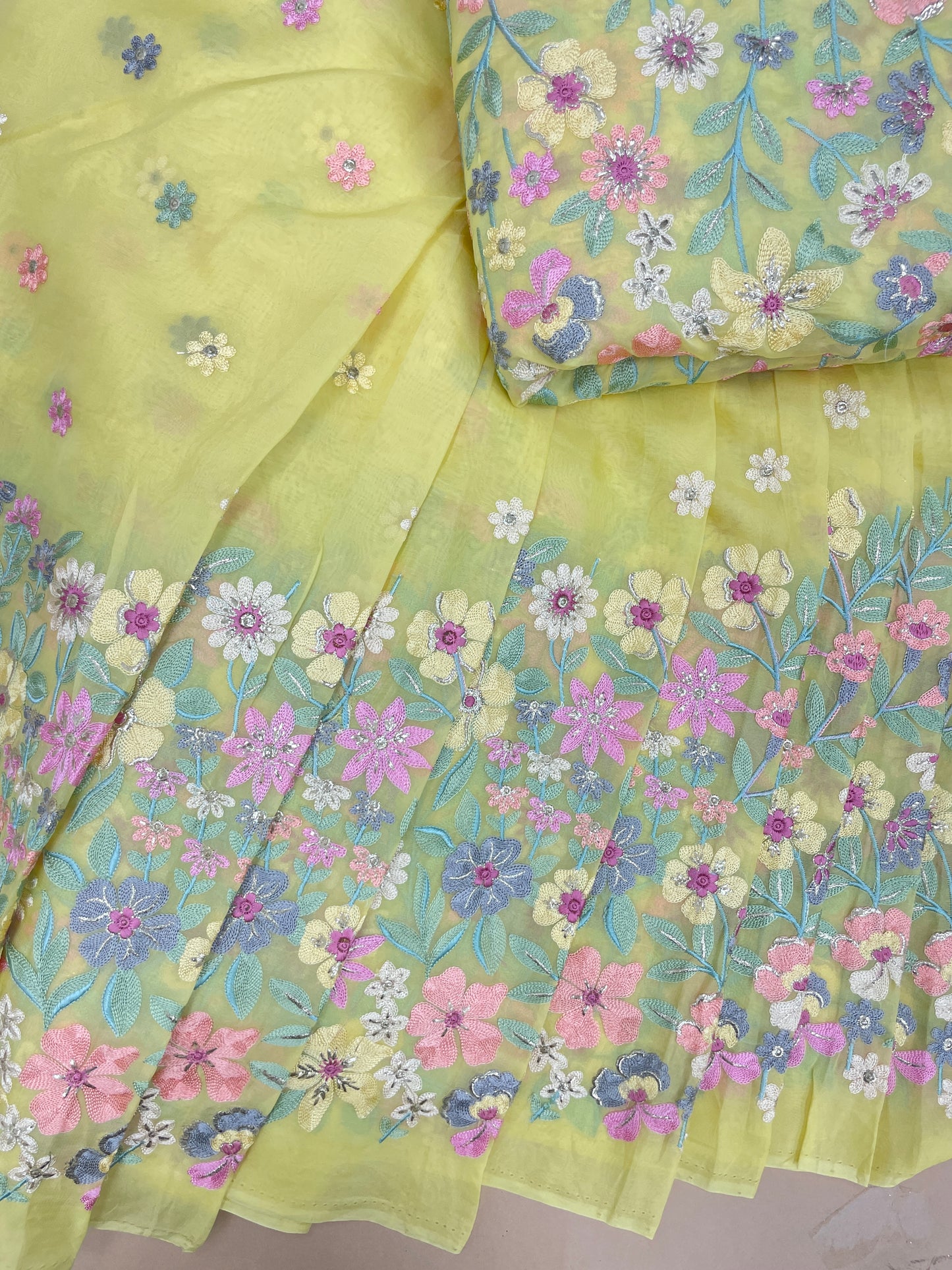 Gorgeous Beautiful Floral Thread Embroidery With Foil Work On Viscose Organza Fabric Lehenga Set