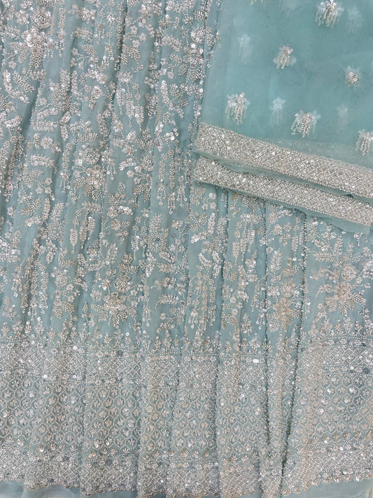 Exquisite Unique All Over Cut Dana And Sequin Embroidery With Heavily Embroidered Border On Georgette Fabric