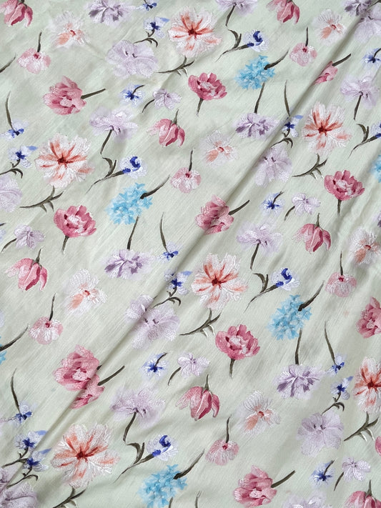Very Beautiful Pretty Colorful Floral Position Print With Thread Embroidery On Linen Satin Fabric