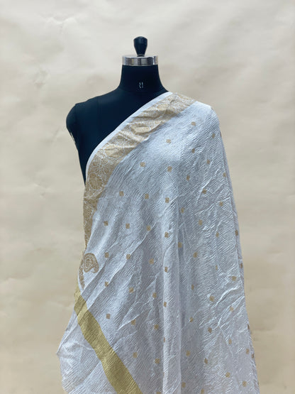 Exclusive Elegant Golden Butti Work With Heavy Border On Munga Dupatta