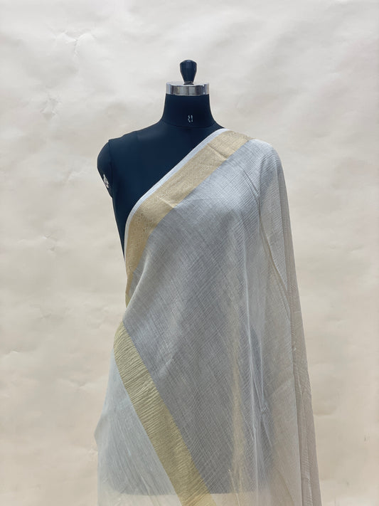 Very Luxurious  Golden Heavy Border On White Munga Dupatta