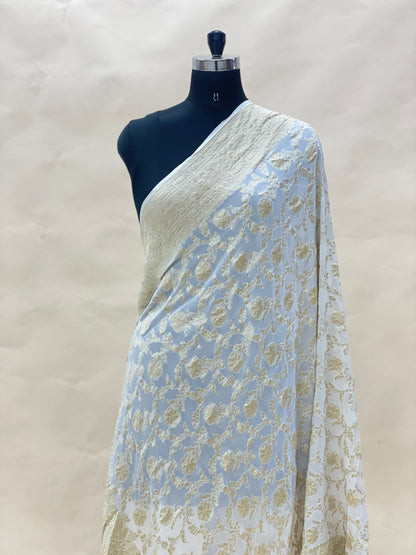 Subtle Yet Elegant Floral Golden Zari Work On Munga Dupatta